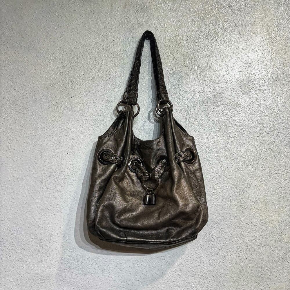 Michael Kors Metallic Silver Leather Drawstring Hobo Shoulder Bag Large - Picture 2 of 12